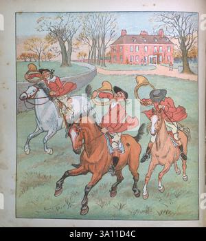 The Three Jovial Huntsmen (1880) war ein populäres britisches Bilderbuch, das von Randolph Caldecott illustriert wurde und von Edmund Evans graviert und gedruckt wurde und von George Routledge & Sons in London veröffentlicht wurde. Das Spielzeugbuch, das eine Variante des Folklore-Liedes The Three Huntsmen (manchmal auch The Three Jolly Huntsmen genannt) ist, wurde gut angenommen und verkaufte Zehntausende von Exemplaren. R. Caldecotts Sammlung von Bildern und Liedern von Caldecott, Randolph, 1846-1886, Stockfoto