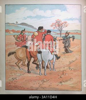 The Three Jovial Huntsmen (1880) war ein populäres britisches Bilderbuch, das von Randolph Caldecott illustriert wurde und von Edmund Evans graviert und gedruckt wurde und von George Routledge & Sons in London veröffentlicht wurde. Das Spielzeugbuch, das eine Variante des Folklore-Liedes The Three Huntsmen (manchmal auch The Three Jolly Huntsmen genannt) ist, wurde gut angenommen und verkaufte Zehntausende von Exemplaren. R. Caldecotts Sammlung von Bildern und Liedern von Caldecott, Randolph, 1846-1886, Stockfoto