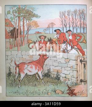 The Three Jovial Huntsmen (1880) war ein populäres britisches Bilderbuch, das von Randolph Caldecott illustriert wurde und von Edmund Evans graviert und gedruckt wurde und von George Routledge & Sons in London veröffentlicht wurde. Das Spielzeugbuch, das eine Variante des Folklore-Liedes The Three Huntsmen (manchmal auch The Three Jolly Huntsmen genannt) ist, wurde gut angenommen und verkaufte Zehntausende von Exemplaren. R. Caldecotts Sammlung von Bildern und Liedern von Caldecott, Randolph, 1846-1886, Stockfoto