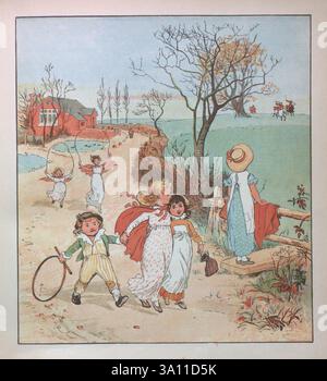 The Three Jovial Huntsmen (1880) war ein populäres britisches Bilderbuch, das von Randolph Caldecott illustriert wurde und von Edmund Evans graviert und gedruckt wurde und von George Routledge & Sons in London veröffentlicht wurde. Das Spielzeugbuch, das eine Variante des Folklore-Liedes The Three Huntsmen (manchmal auch The Three Jolly Huntsmen genannt) ist, wurde gut angenommen und verkaufte Zehntausende von Exemplaren. R. Caldecotts Sammlung von Bildern und Liedern von Caldecott, Randolph, 1846-1886, Stockfoto