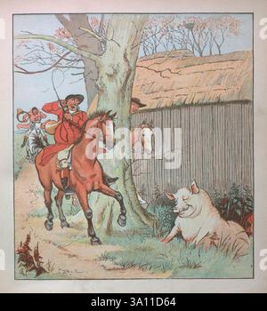 The Three Jovial Huntsmen (1880) war ein populäres britisches Bilderbuch, das von Randolph Caldecott illustriert wurde und von Edmund Evans graviert und gedruckt wurde und von George Routledge & Sons in London veröffentlicht wurde. Das Spielzeugbuch, das eine Variante des Folklore-Liedes The Three Huntsmen (manchmal auch The Three Jolly Huntsmen genannt) ist, wurde gut angenommen und verkaufte Zehntausende von Exemplaren. R. Caldecotts Sammlung von Bildern und Liedern von Caldecott, Randolph, 1846-1886, Stockfoto
