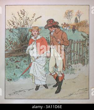 The Three Jovial Huntsmen (1880) war ein populäres britisches Bilderbuch, das von Randolph Caldecott illustriert wurde und von Edmund Evans graviert und gedruckt wurde und von George Routledge & Sons in London veröffentlicht wurde. Das Spielzeugbuch, das eine Variante des Folklore-Liedes The Three Huntsmen (manchmal auch The Three Jolly Huntsmen genannt) ist, wurde gut angenommen und verkaufte Zehntausende von Exemplaren. R. Caldecotts Sammlung von Bildern und Liedern von Caldecott, Randolph, 1846-1886, Stockfoto