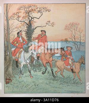 The Three Jovial Huntsmen (1880) war ein populäres britisches Bilderbuch, das von Randolph Caldecott illustriert wurde und von Edmund Evans graviert und gedruckt wurde und von George Routledge & Sons in London veröffentlicht wurde. Das Spielzeugbuch, das eine Variante des Folklore-Liedes The Three Huntsmen (manchmal auch The Three Jolly Huntsmen genannt) ist, wurde gut angenommen und verkaufte Zehntausende von Exemplaren. R. Caldecotts Sammlung von Bildern und Liedern von Caldecott, Randolph, 1846-1886, Stockfoto