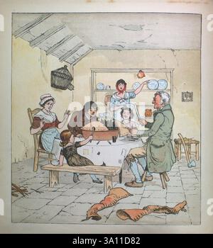 Sing A Song of Sixpence [Here as Sing a Song for Sixpence] R. Caldecotts Sammlung von Bildern und Liedern von Caldecott, Randolph, 1846–1886, Sing a Song of Sixpence, Eine Tasche voller Roggen. Vierundzwanzig Amseln gebacken in einem Kuchen. Als der Kuchen geöffnet wurde, begannen die Vögel zu singen. War das nicht ein schmackhaftes Gericht, das man dem König zubereiten konnte? Der König war in seinem Zählhaus und zählte sein Geld aus. Die Königin war im Salon und aß Brot und Honig. Das Zimmermädchen war im Garten, hängte die Kleider aus, als unten eine Amsel kam und ihr die Nase abpickte. Stockfoto