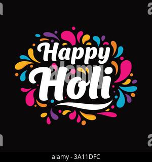 Glückliches Holi Typografie Vektor-Kunstdesign mit schwarzem Hintergrund Stock Vektor