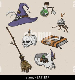 Halloween Chibi nette Mädchen Katze Hexe Pilz Spiel Vintage Linie Skizze Kritzelhintergrund Banner Hand gezeichnet Vektor Illustrator Element Stock Vektor