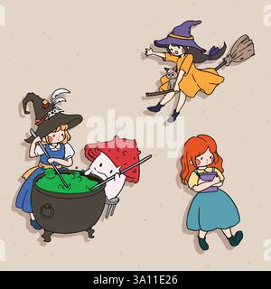 Halloween Chibi nette Mädchen Katze Hexe Pilz Spiel Vintage Linie Skizze Kritzelhintergrund Banner Hand gezeichnet Vektor Illustrator Element Stock Vektor