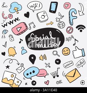 Social-Media-Zeichen facebook-Symbol Concept-Sammlung Artikel Hintergrund handgezeichnet Illustrator nahtlose Hintergrund Banner glücklich Stock Vektor