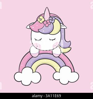 Einhorn buntes Pony Regenbogen nettes rosa schöner Hintergrund Hand gezeichnet Vektor Illustrator Banner Tapete Doodle Stock Vektor