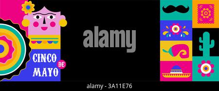 Cinco de Mayo farbenfrohes, auffälliges Design in leuchtenden Farben. Mexikanische Elemente Fiesta und mexikanische Symbole. Vektorillustrationen und Konzeptbanner Stock Vektor