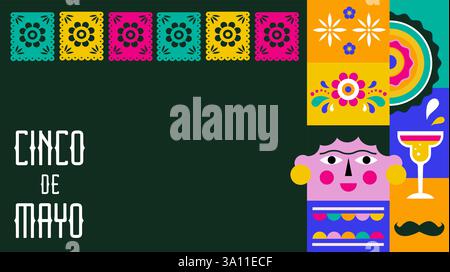 Cinco de Mayo farbenfrohes, auffälliges Design in leuchtenden Farben. Mexikanische Elemente Fiesta und mexikanische Symbole. Vektorillustrationen und Konzeptbanner Stock Vektor