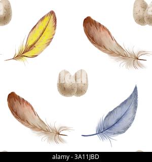 Nahtloses Ostermuster, Aquarellfedern in braun, gelb, blau und gesprenkelt beige Wachteleier. Sanfte Pastelltöne, handgemaltes Design auf Transparent Stockfoto