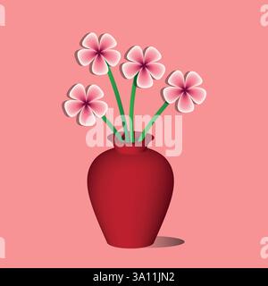 Eine digitale Vektor-Illustration mit einer roten 3D-Vase mit fünf rosa Blumen vor einem weichen rosa Hintergrund. Stock Vektor