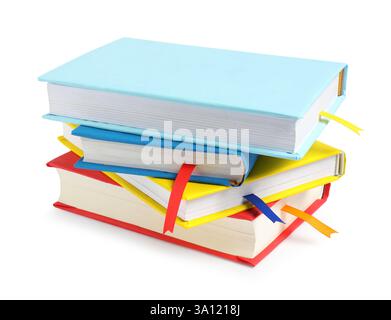 Bücher mit Lesezeichen auf weißem Band Stockfoto