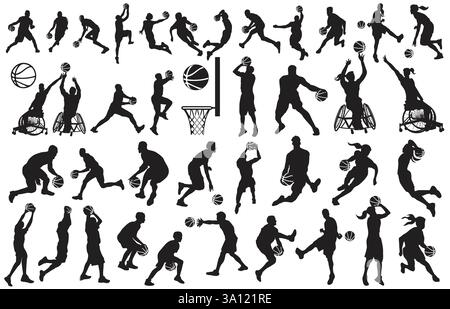 Vektorsatz mit 38 Silhouetten für männliche und weibliche Basketballspieler mit und ohne Umrisse für Behinderungen. Symbole werden in verschiedenen Positionen gesetzt. Stock Vektor