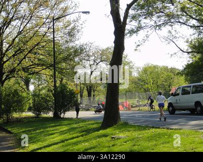 Ein weißer Van parkt am Straßenrand unter einem Baum mit dem blauen Himmel darüber Stockfoto