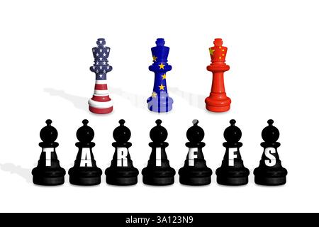 Schach aus US-, EU- und China-Flaggen auf weißem Hintergrund mit WORTZÖLLEN Stockfoto