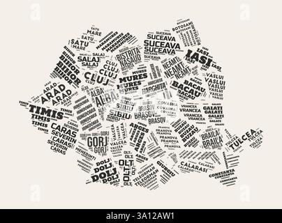 Rumänien Word Cloud. Land mit Geschäftsbereich Regionen. Rumänien typografischer Text Wolken Vektor-Bild Design. Landschaftbild im Vintage gazette-Stil. Stock Vektor
