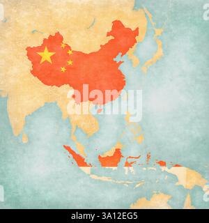 China und Indonesien auf der Karte Südasiens in weichem Grunge und Vintage-Stil, wie altes Papier mit Aquarellmalerei. Stockfoto
