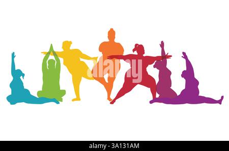 Farbenfrohe, Kurvige Menschen In Plus Size, Die Yoga Durchführen. Fitness, Wellness, spirituelle Heilung, Meditationsvektor Illustration Silhouetten isoliert auf weiß Stock Vektor