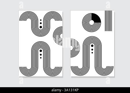 Abstrakte bauhausbogenfiguren. Geometrische gestreifte Formen, modernes memphis Design Elemente flache Vektor Illustration Set. Minimalistische, moderne Formen Stock Vektor