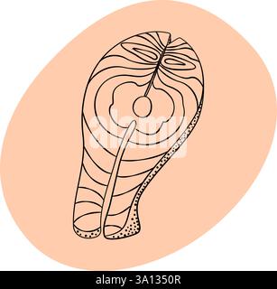 Lassen Sie das Lachssteak in einem abstrakten Spot in trendigem, hellem Schatten umreißen. Meeresfrüchte gesunde Ernährung Sticker Element. Isolierte Vektor-Illustration thematische Karten, Lebensmittelposter oder Web-Werbebanner, Faltblätter, Etikett, Tag Stock Vektor