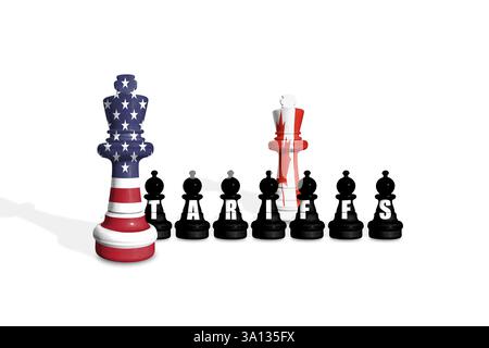 Schach aus US- und Kanada-Flaggen auf weißem Hintergrund mit WORTTARIFEN Stockfoto