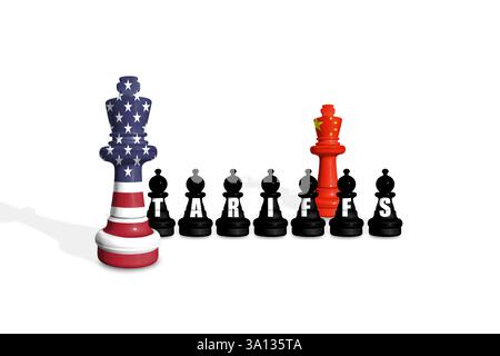 Schach aus US- und China-Flaggen auf weißem Hintergrund mit WORTZÖLLEN Stockfoto