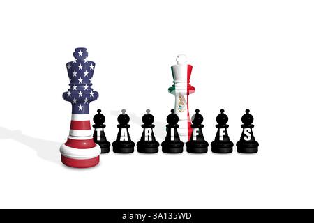 Schach aus US- und mexikanischen Flaggen auf weißem Hintergrund mit WORTTARIFEN Stockfoto