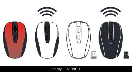 Set aus 4 kabellosen Mäusen mit usb-Empfänger für Computer und Laptop in Farbe, schwarzer Silhouette und Kontur isoliert auf weißem Hintergrund Stock Vektor