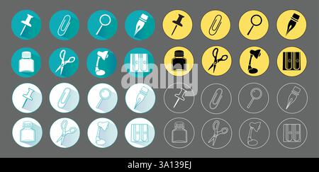 Stationäre Symbole in blauen, weißen und gelben Kreisen mit verlaufendem Schatten auf grauem Hintergrund für Logos oder Web. Vektorgrafik Stock Vektor