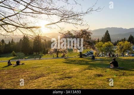 Burnaby, BC, Kanada - 18 2021. April : Burnaby Mountain Park bei Sonnenuntergang. Die Leute, die hier ein Picknick machen und Kirschblüten während des Frühlings genießen Stockfoto