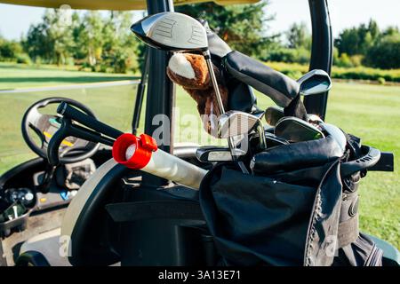 Eine gut vorbereitete Golftasche mit Schlägern und Accessoires vor der malerischen Kulisse eines grünen Golfplatzes. Stockfoto