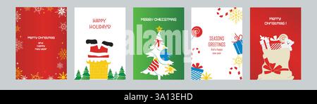 Frohe Weihnachten und Happy New Year Grußkarten-Set. Festliche Vorlagen mit wunderschöner Winter- und weihnachtsdekoration und Text. Für Poster Stock Vektor