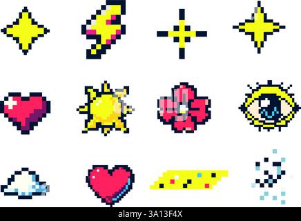 Pixel Art Sammlung von Herzen, Blitzschlag, Sonne, Auge und Sternen in Einer farbenfrohen 8-Bit-Retro-Ästhetik Stock Vektor