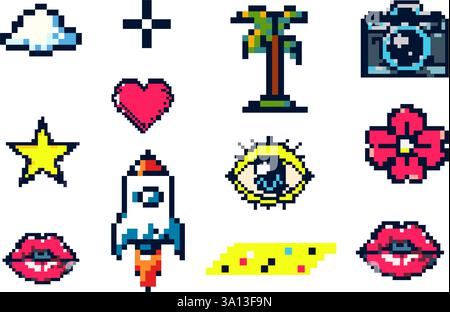 Sammlung Von Pixelgrafik-Symbolen, Einschließlich Rakete, Lippen, Wolke, Palme, Auge, und das Herz in Einem lebendigen Retro 8-Bit-Design Stock Vektor
