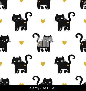 Nahtloses handgezeichnetes schwarzes Katzenmuster mit Herzen in Einer niedlichen und minimalistischen Halloween-Vektor-Illustration Stock Vektor
