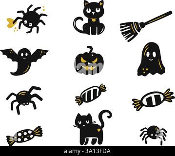 Gruseliges und niedliches Halloween Clipart Set mit schwarzen Katzen, Spinnen, Kürbissen, Fledermäusen und Süßigkeiten in Einer handgezeichneten Vektor-Illustration Stock Vektor