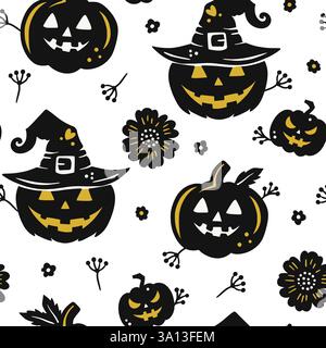 Nahtloses Halloween-Muster mit Spooky Jack O Lantern Kürbissen, Hexenhüten und Blumenelementen auf weißem Hintergrund Stock Vektor