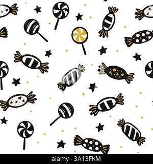Nahtloses handgezeichnetes Halloween-Candy-Muster mit Lutscher, eingewickelten Süßigkeiten und Sternen in Einer lustigen Vektor-Illustration Stock Vektor