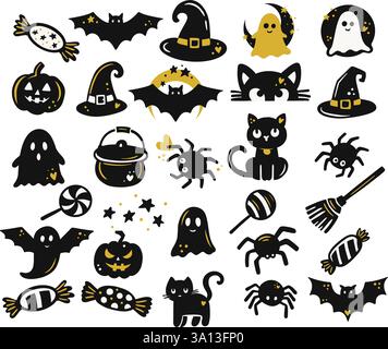 Komplettes Halloween Clipart Set Mit Niedlichen Geistern, Fledermäusen, Spinnen, Kürbissen, Schwarzen Katzen, Süßigkeiten und Hexenhüte in Einer handgezeichneten Vektor-Illustration Stock Vektor