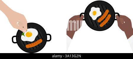 Damen Hand geben grün auf Spiegelei in der Pfanne Mans Hand halten gusseiserne Pfanne mit Würstchen und Ei Set 2. Isolierte Vektor-Illustration thematische Karten, Lebensmittelposter oder Web-Werbebanner, Broschüren, Etiketten Stock Vektor