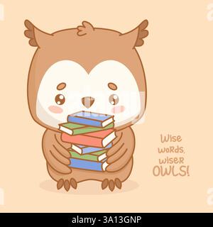 Kluge Eule mit einem Stapel Bücher. Niedliche Karikatur-Kawaii-Vogelfigur. Vektorabbildung. Karte mit coolem Schriftzug. Kinderkollektion Stock Vektor