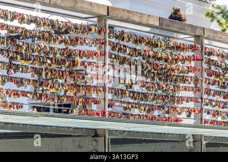 Ljubljana, Slowenien. Vorhängeschlösser auf der Metzgerbrücke in der Hauptstadt Sloweniens, Fußgängerbrücke über den Fluss Ljubljana in Ljubljana. Stockfoto