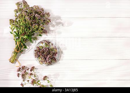 Sammlung nützlicher Kräuter zur Behandlung nach Volksrezepten. Bouquet aus frischen Oregano-Blüten und getrockneten Blüten in einer Tasse auf einem Holztisch, alte Stockfoto