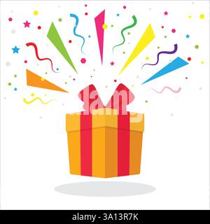 Überraschungs-Geschenkbox, Geschenkbox mit Schleife, Konfetti-Explosion. Elementdesign für Giveaway, Überraschung, Urlaub. Vektorabbildung. Stock File Stock Vektor