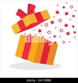 Offene gelbe Geschenkbox mit festlicher Sternenexplosion. Spezielles Give Away-Paket, Wundergeschenk mit Ausrufezeichen, Überraschungsgeschenkkasten, Geburtstag Stock Vektor