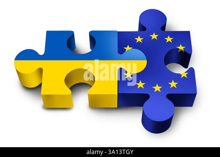 Ukraine Europa Einheit und nationale Zusammenarbeit als ukrainische und europäische Verbindung als gelungene Einheit zwischen der EU und Kiew als Puzzle-Meta Stockfoto