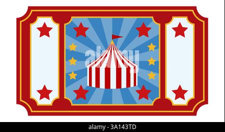 Retro-Zirkuskarte mit rot-blauem Design, gestreiftem Zirkuszelt, Sternen und dekorativen Elementen. Vorlage für Eintrittskarten für die Veranstaltung Stock Vektor
