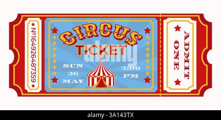 Vintage-Zirkuskarte mit rotem und blauem Design mit gestreiftem Zirkuszelt, Sternen und Veranstaltungsdetails. Vorlage für Veranstaltungspass für Eintritt und Stock Vektor